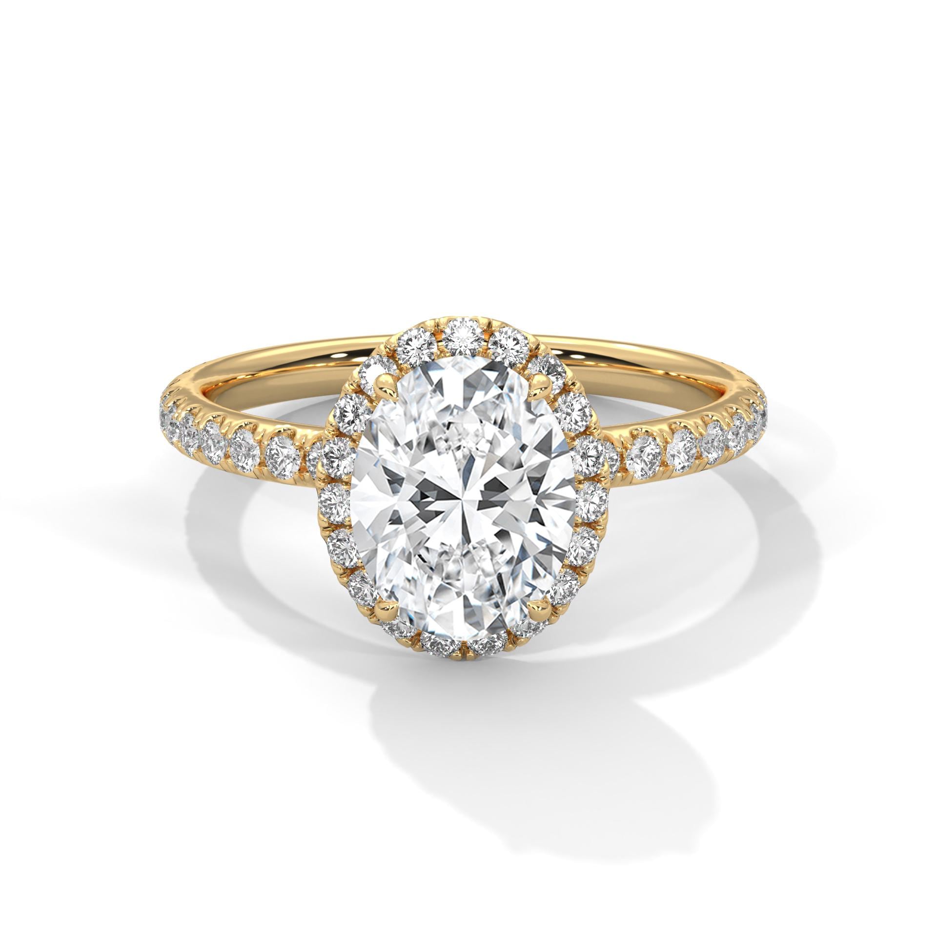 Colorless oval cut lab diamond pave halo ring in yellow gold