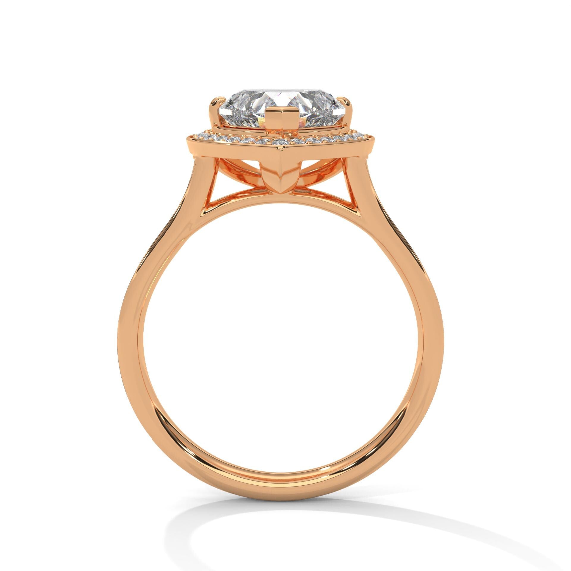 Rose gold heart halo engagement ring featuring a pavé diamond shank