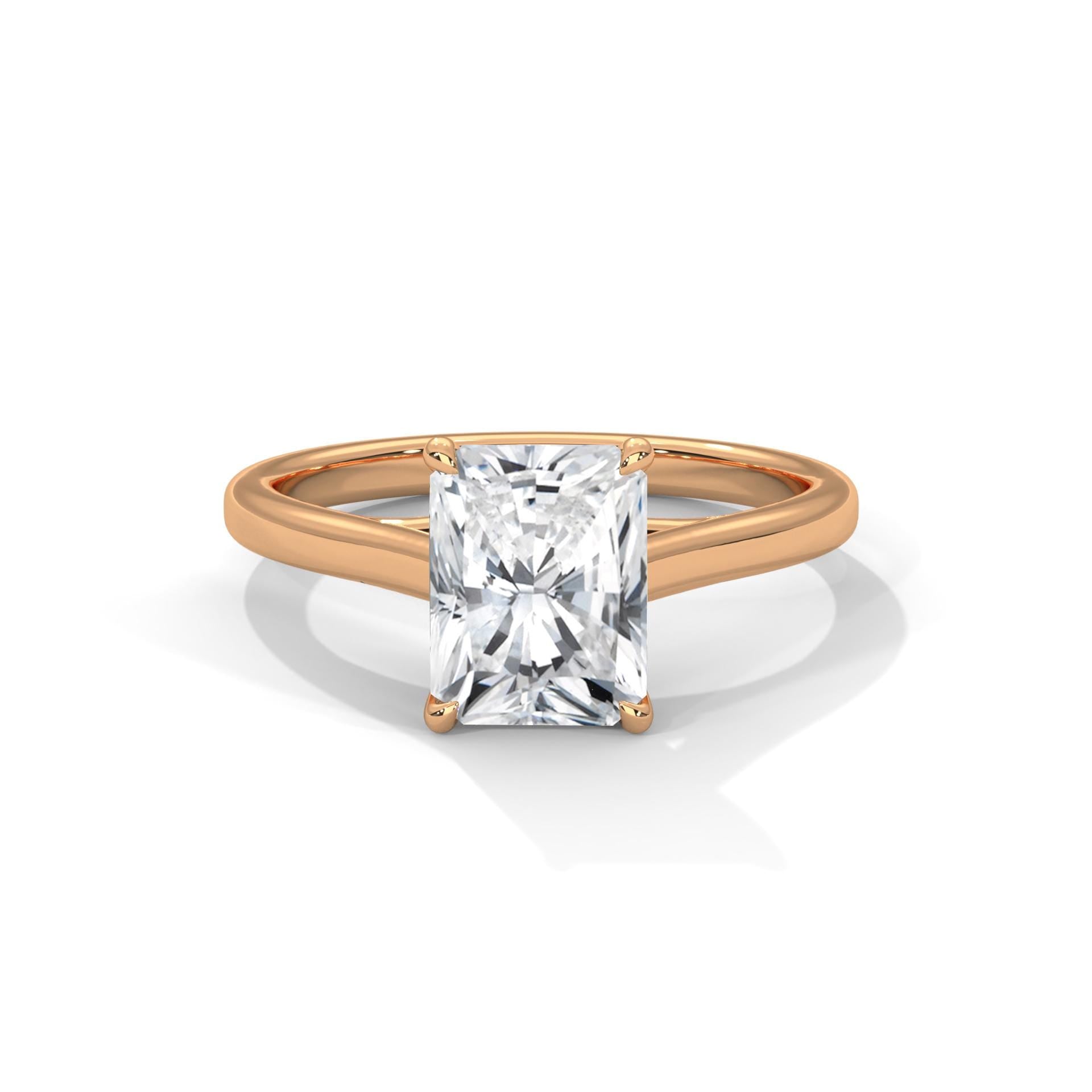 Radiant cut lab grown diamond cathedral solitaire ring in rose gold