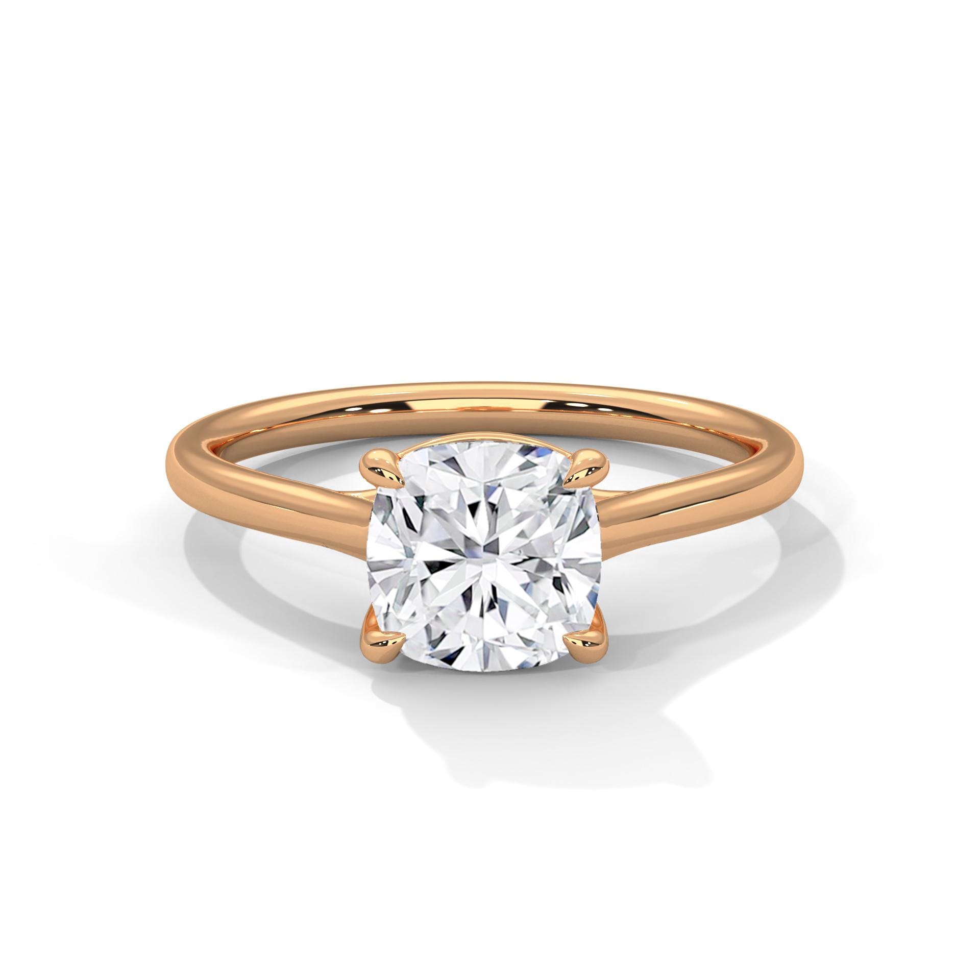 Cushion cut solitaire bridal ring with tapered rose gold band