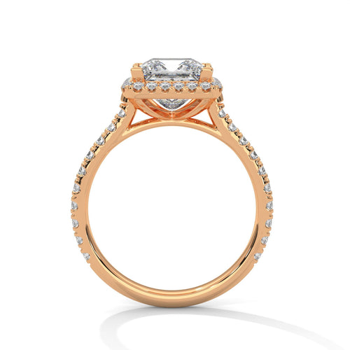 Rose gold princess halo engagement ring featuring a pavé diamond shank