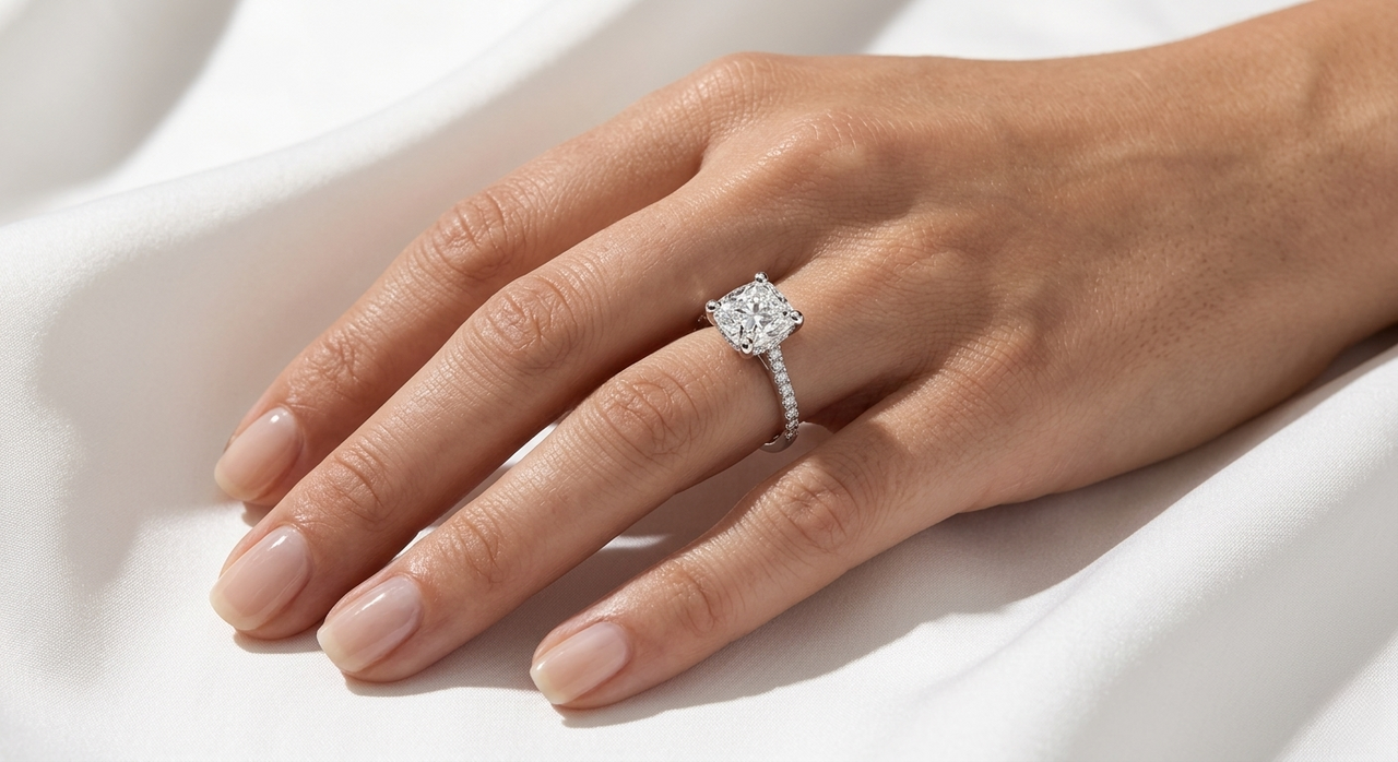 Cushion Cut Lab Grown Diamond Pavé Cathedral Ring | E VS1 | 4-Prong | 14K 18K