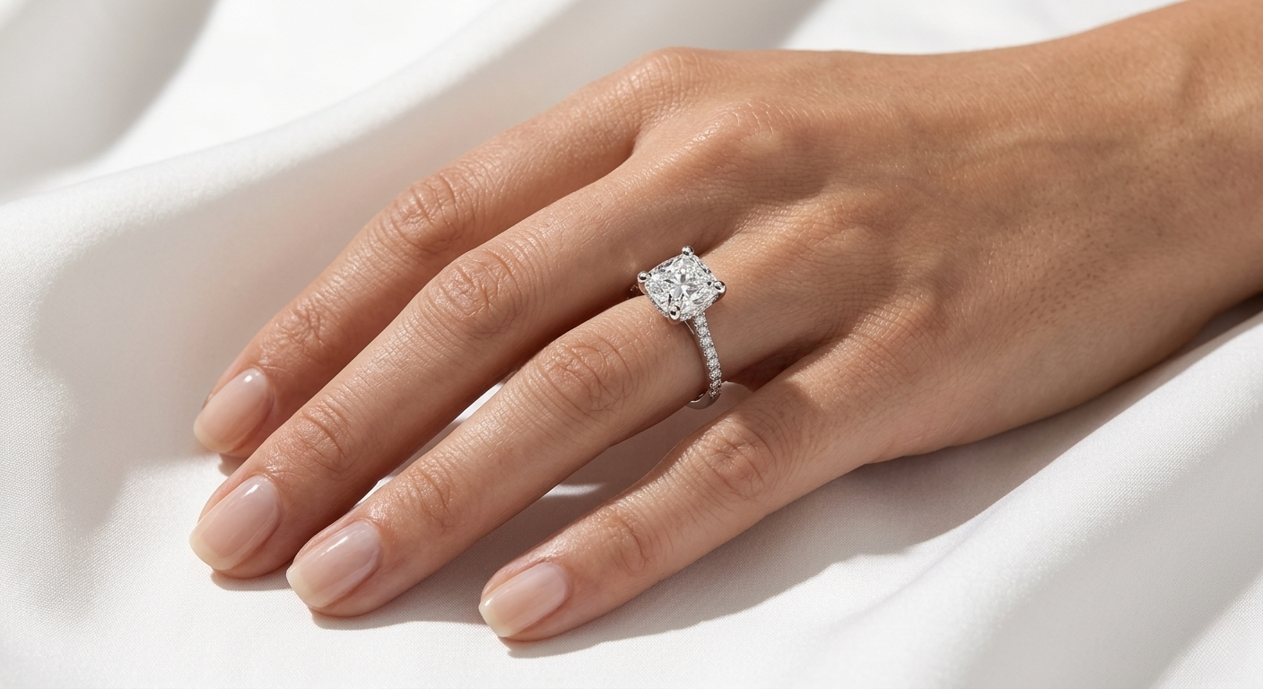 Cushion Cut Lab Grown Diamond Pavé Cathedral Ring | E VS1 | 4-Prong | 14K 18K