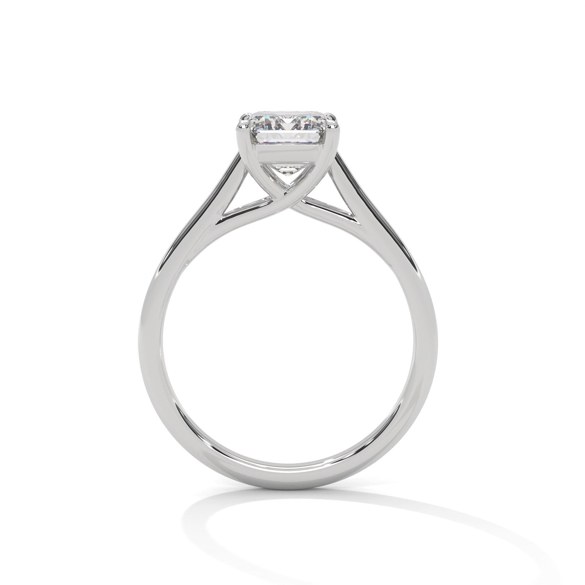 White gold radiant diamond engagement ring with high-polish cathedral band