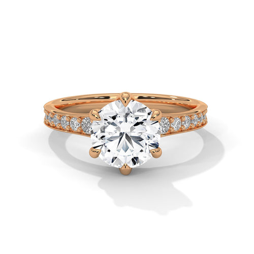 Round lab grown diamond 6-prong pave cathedral ring in rose gold
