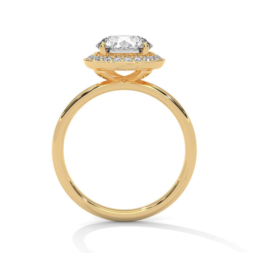 Yellow gold round halo bridal ring featuring a minimalist polished band