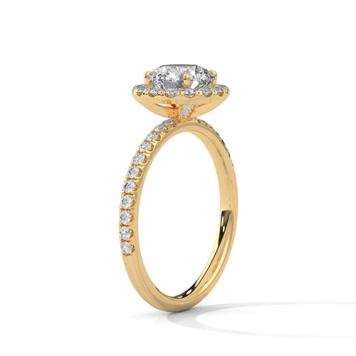 Elevated yellow gold halo mount for round lab brilliant diamond