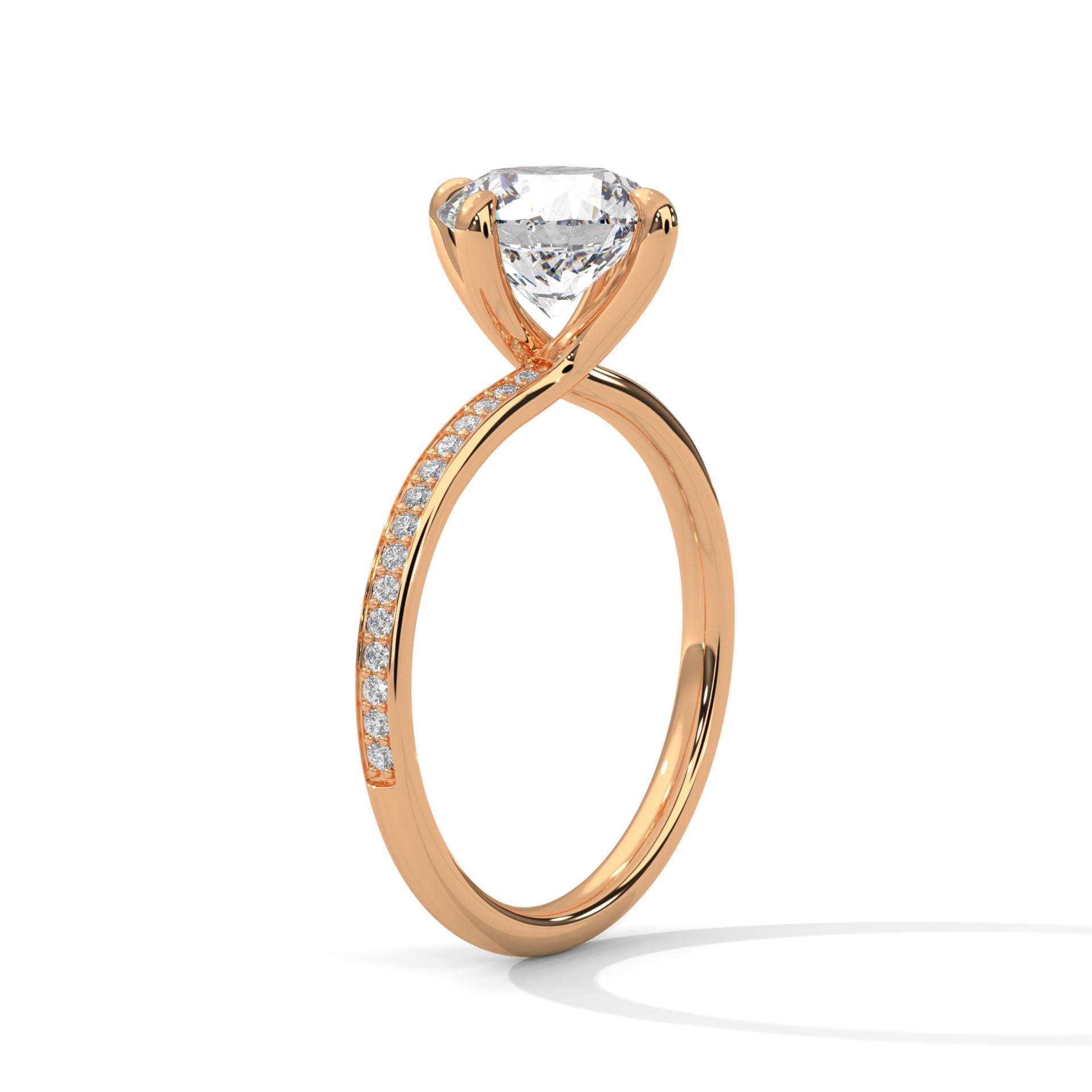 Underside view of rose gold 4-prong high-profile setting for round diamond