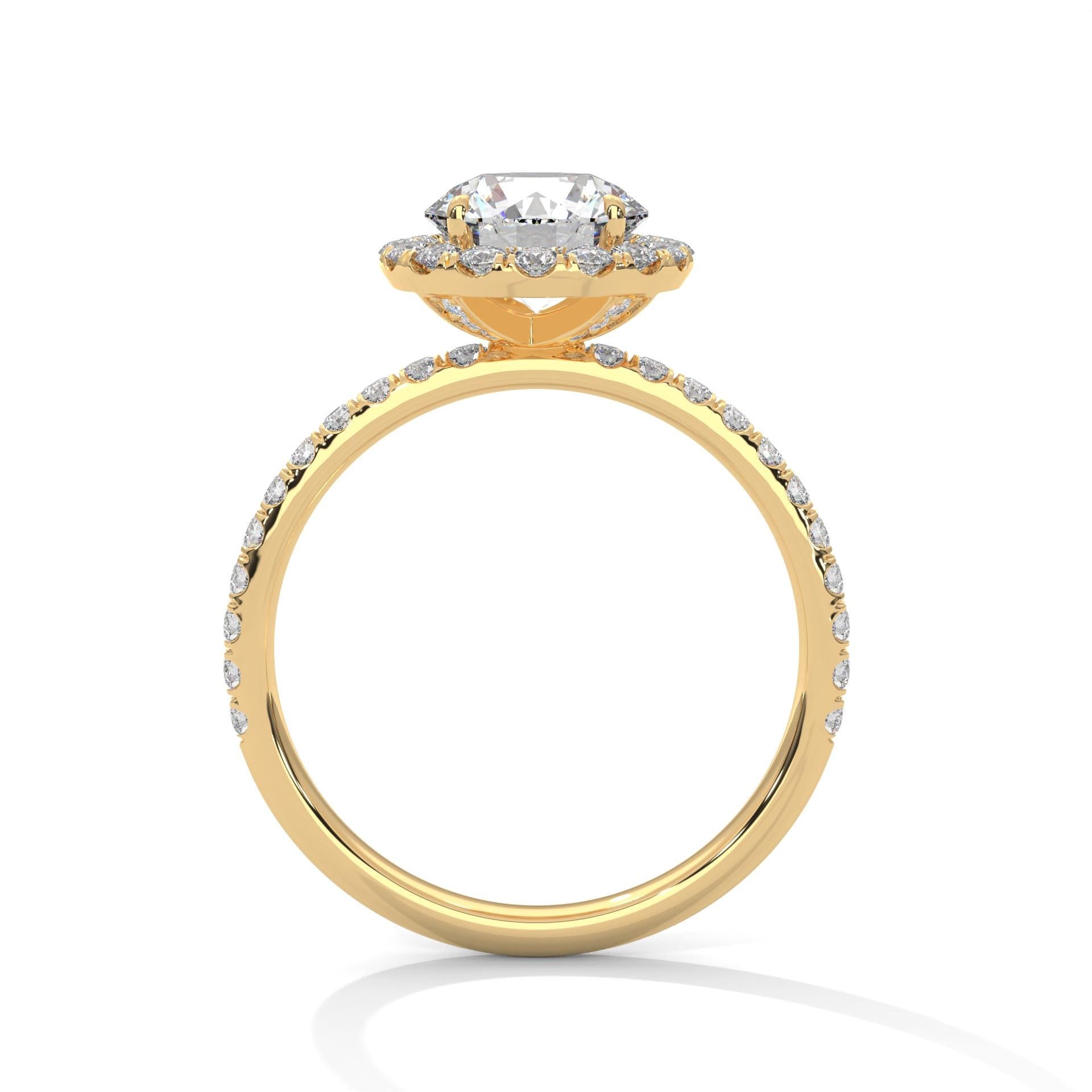 Yellow gold round halo solitaire with hand-set micro-pavé diamonds