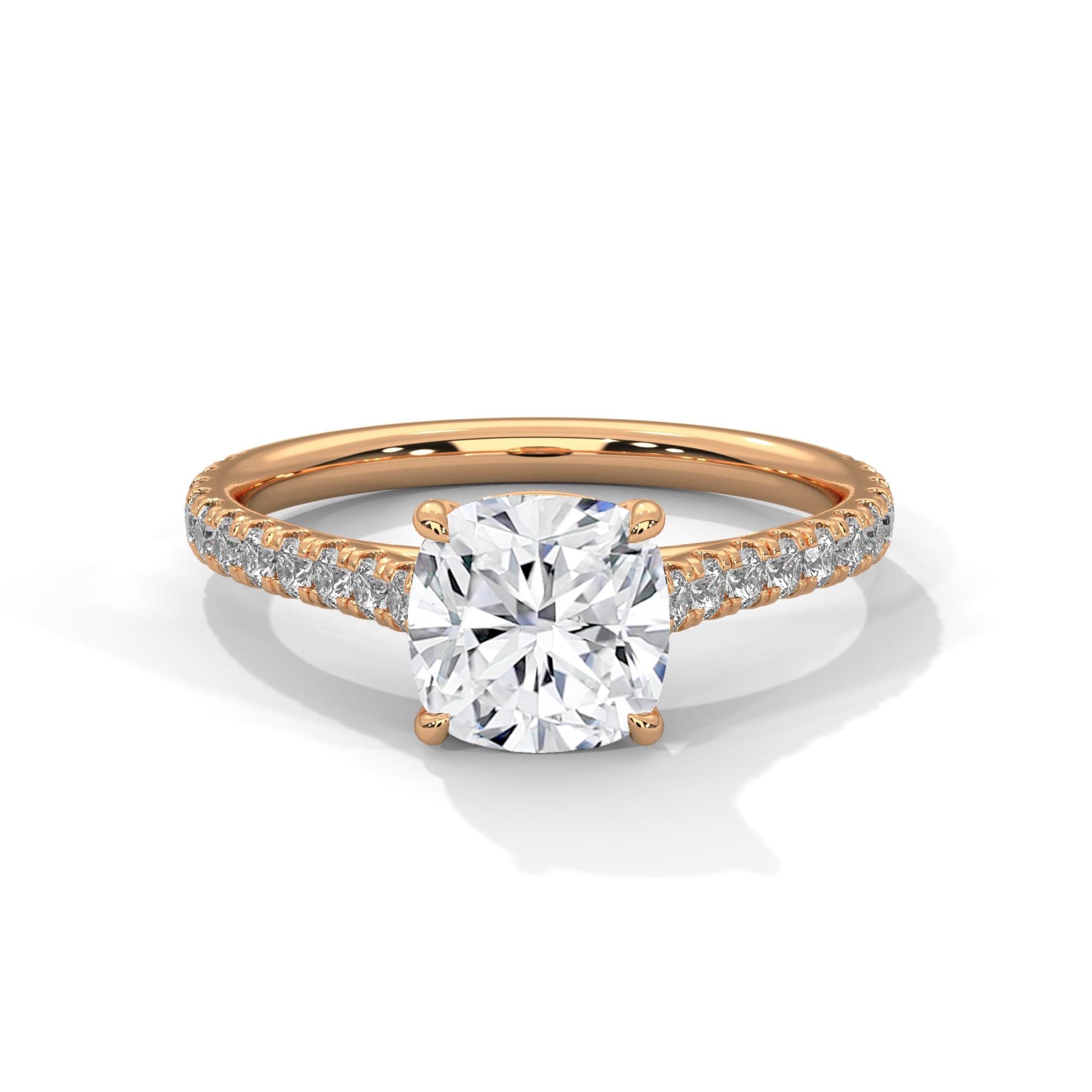 Cushion cut lab grown diamond pave cathedral engagement ring in rose gold