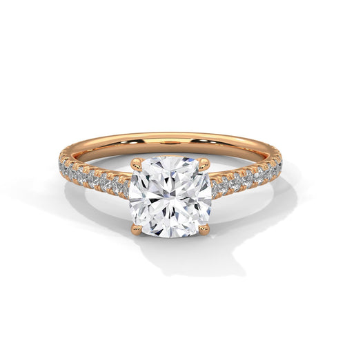 Cushion cut lab grown diamond pave cathedral engagement ring in rose gold