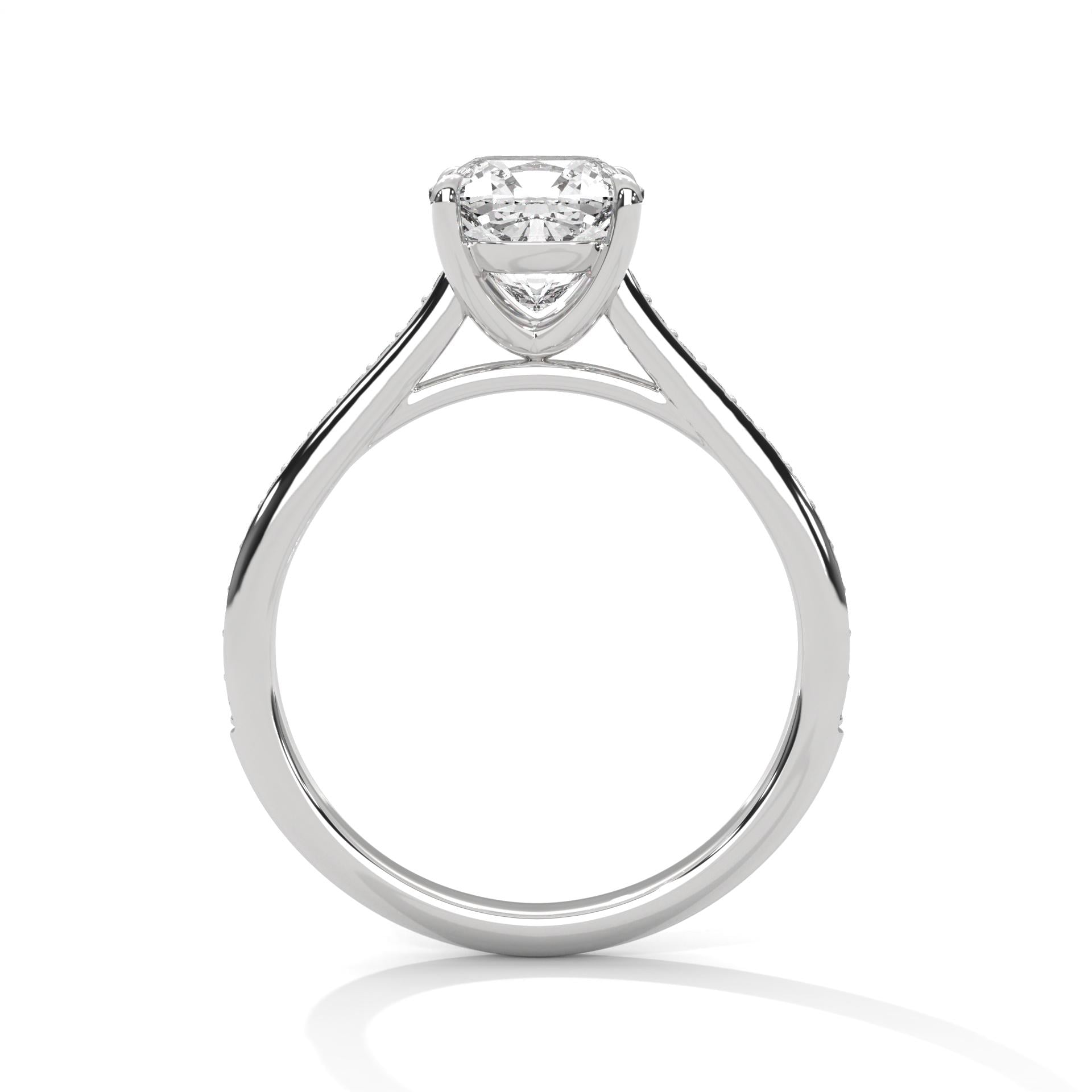 Colorless cushion cut lab diamond pave cathedral ring in white gold