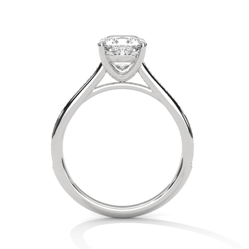 Colorless cushion cut lab diamond pave cathedral ring in white gold