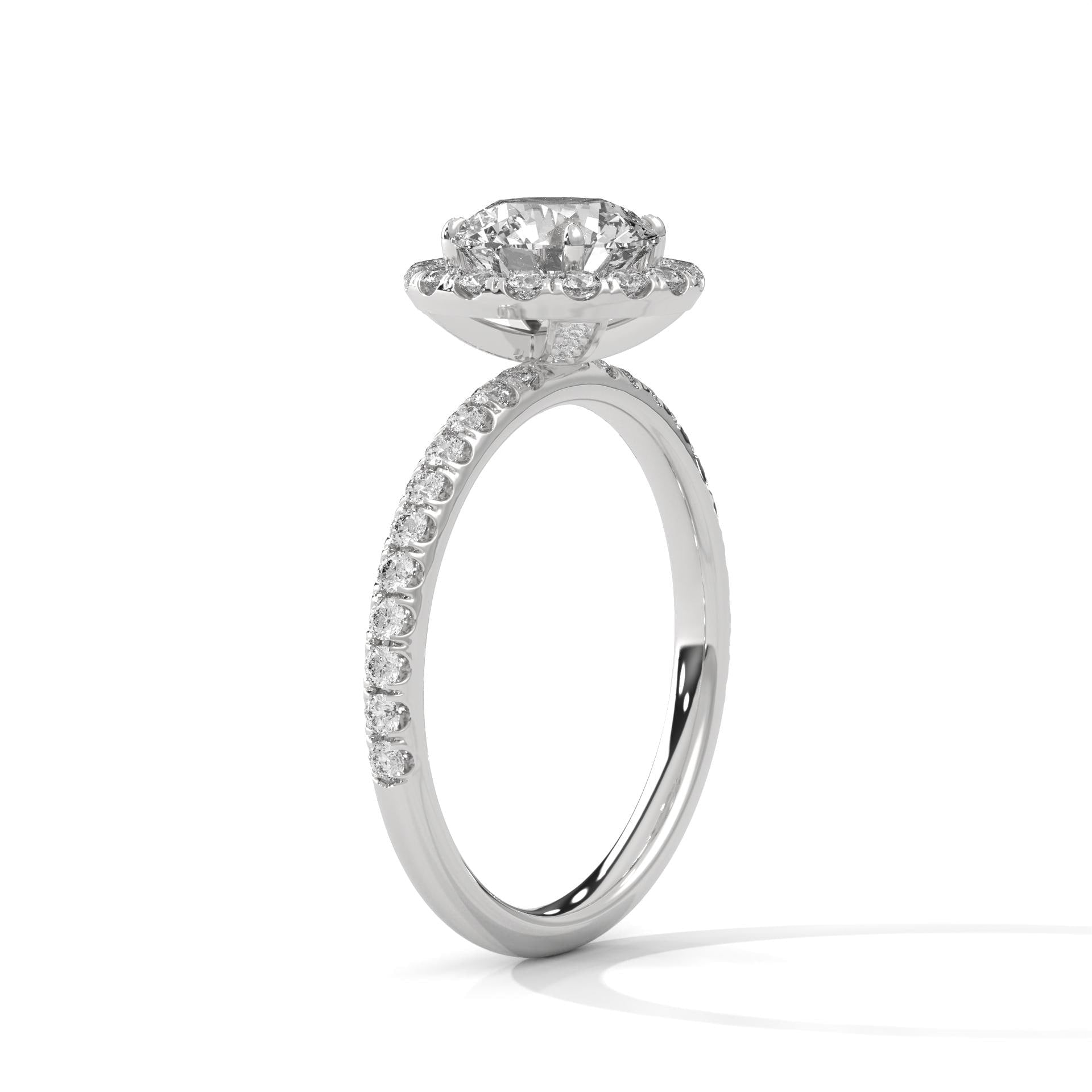 Architectural white gold halo setting with secure 4-prong mount