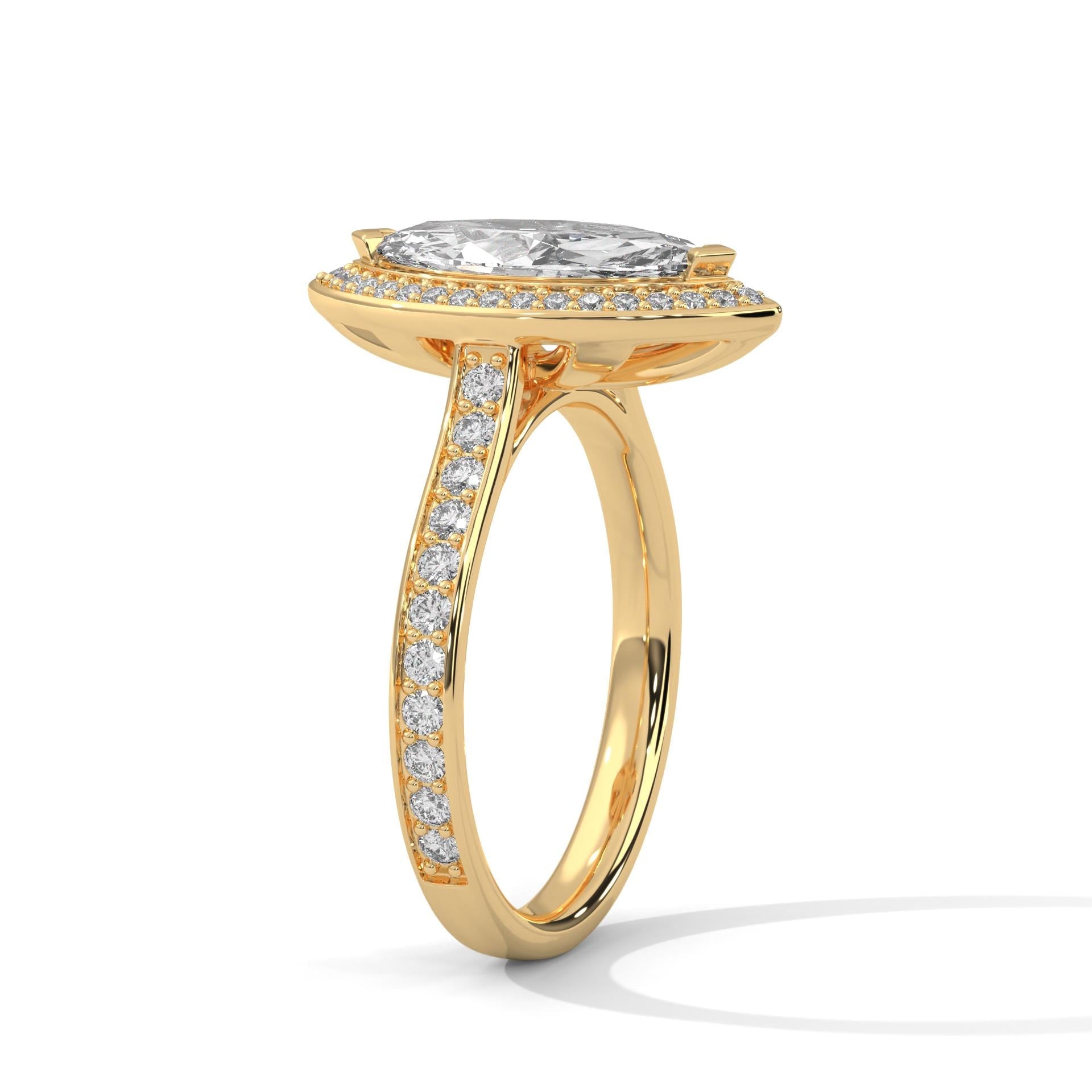 Elevated yellow gold 6-prong halo mount for marquise brilliant diamond
