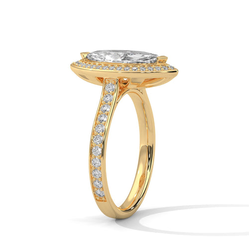 Elevated yellow gold 6-prong halo mount for marquise brilliant diamond