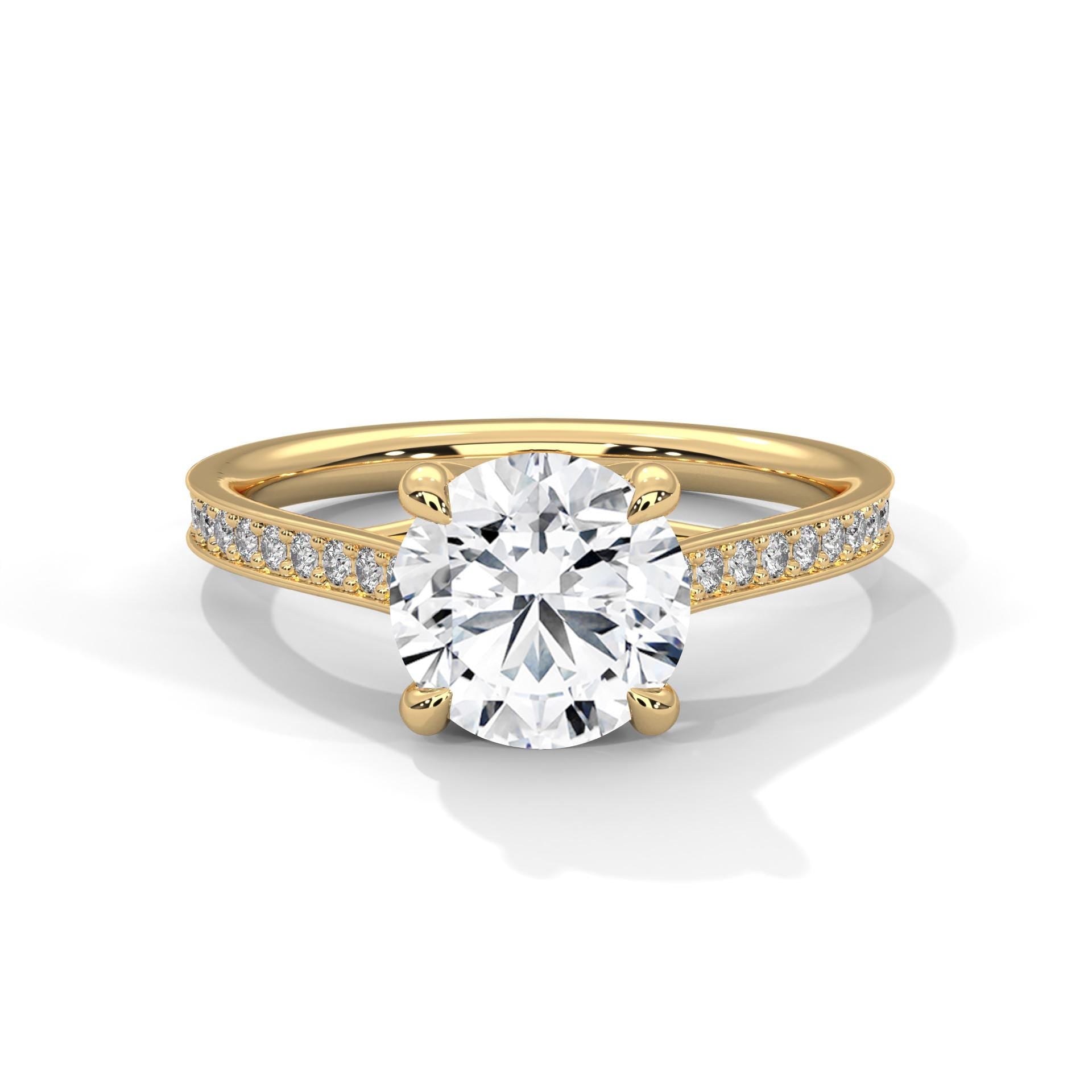 Round brilliant lab grown diamond pave cathedral solitaire ring in yellow gold.