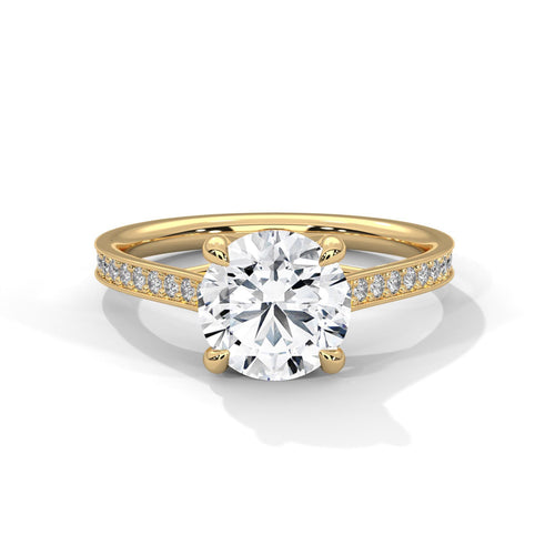 Round brilliant lab grown diamond pave cathedral solitaire ring in yellow gold.