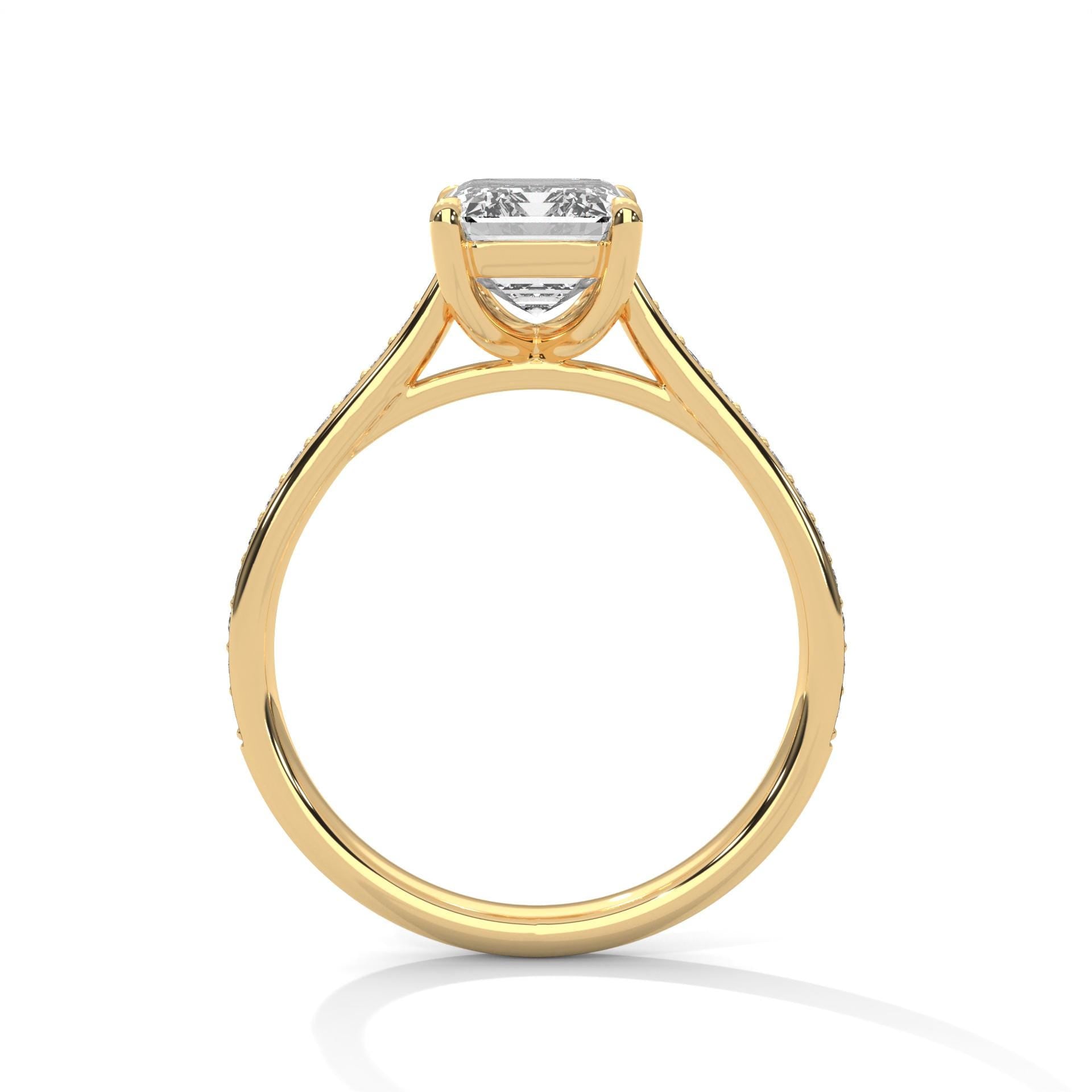 Yellow gold emerald pave engagement ring featuring a micro-pavé diamond shank