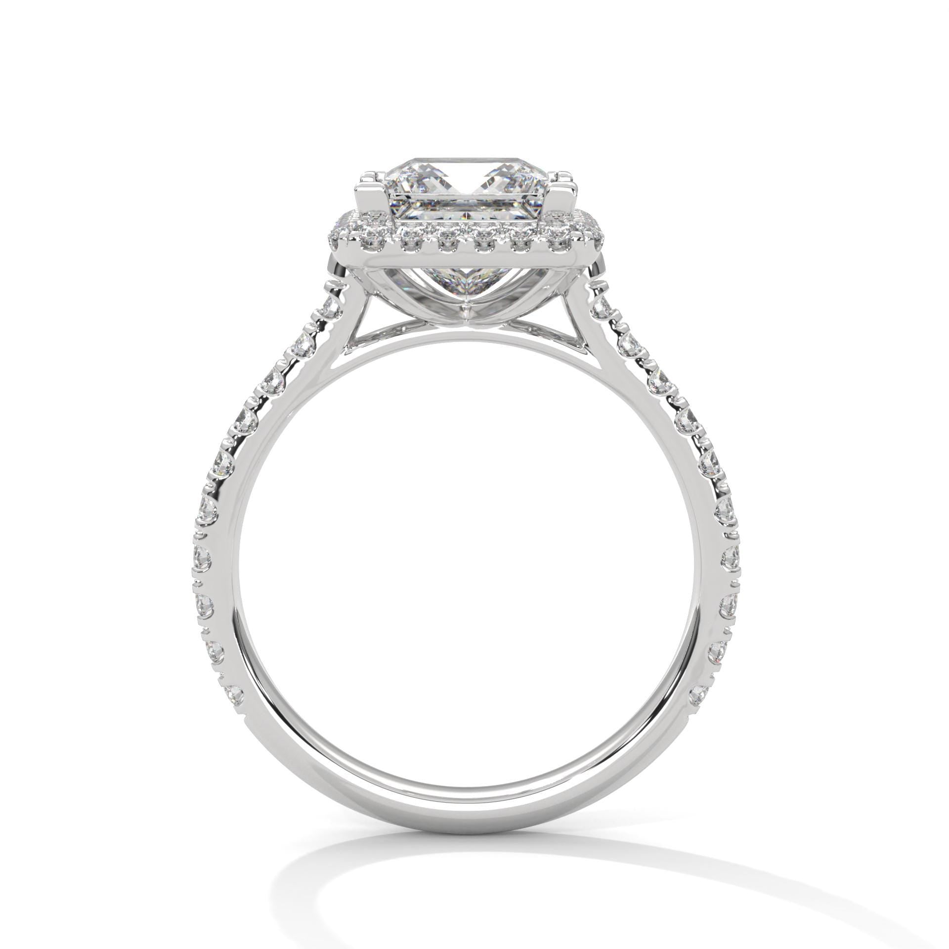 Side view of white gold princess halo ring showing elegant cathedral arches