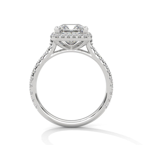 Side view of white gold princess halo ring showing elegant cathedral arches