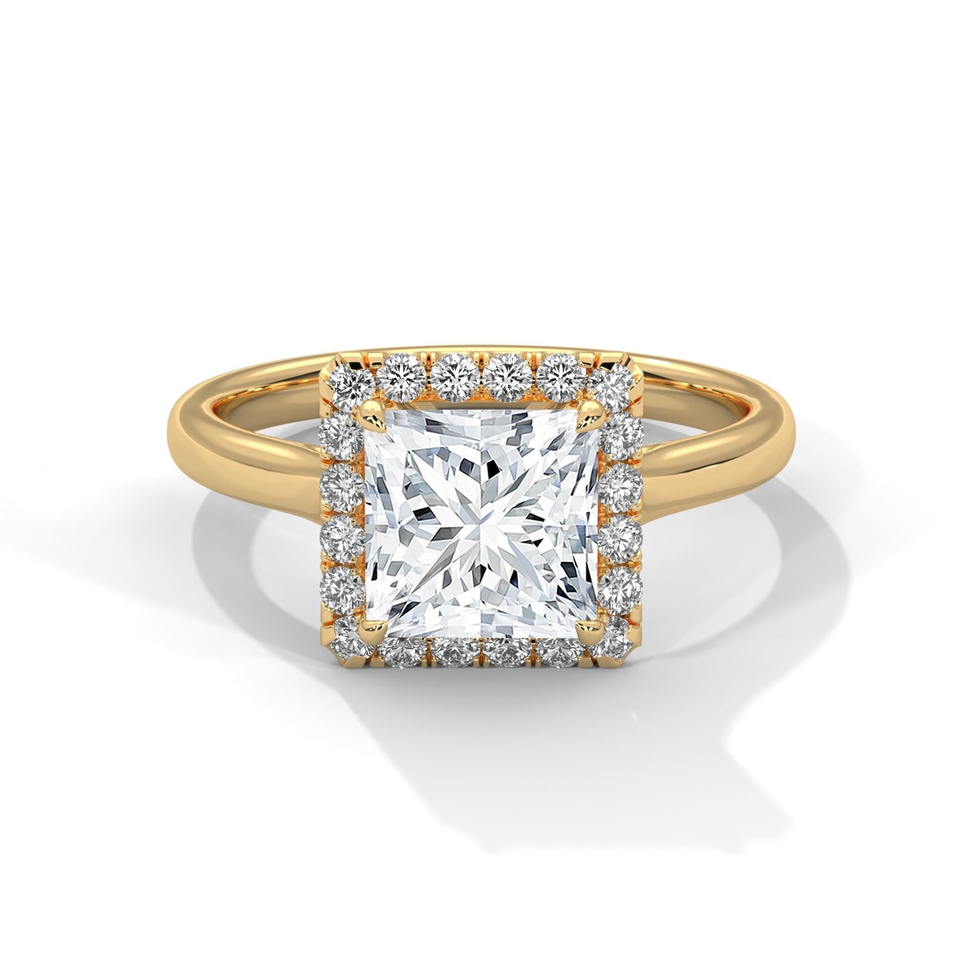 1 to 3 carat princess cut lab diamond halo ring in solid 14K yellow gold.