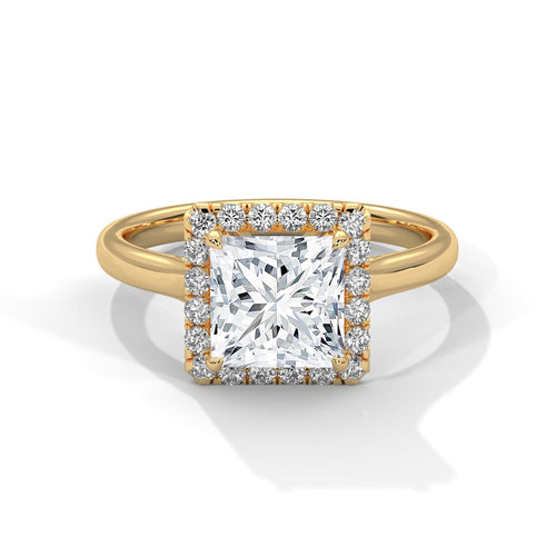 1 to 3 carat princess cut lab diamond halo ring in solid 14K yellow gold.