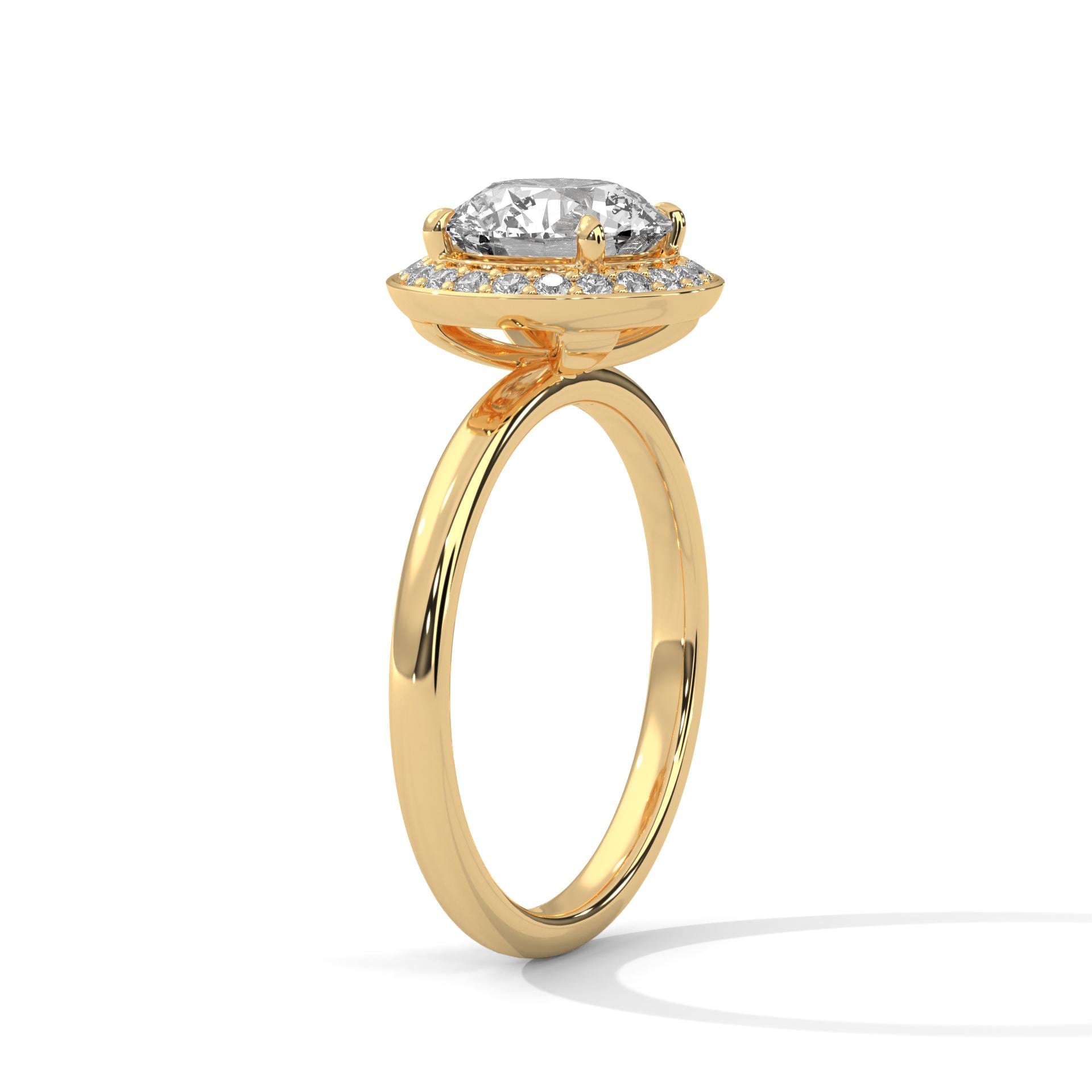 Underside view of yellow gold halo setting for round brilliant diamond