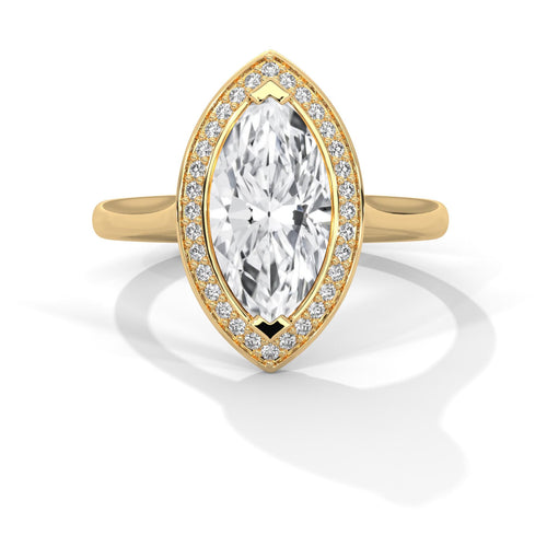 Marquise cut lab grown diamond halo ring with polished yellow gold band