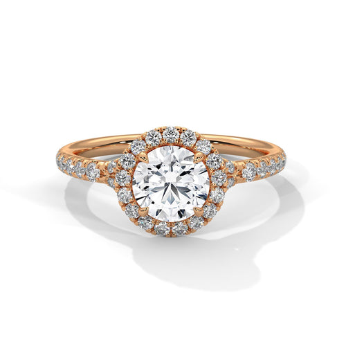 1 to 3 carat round lab diamond halo ring in solid 18K rose gold.
