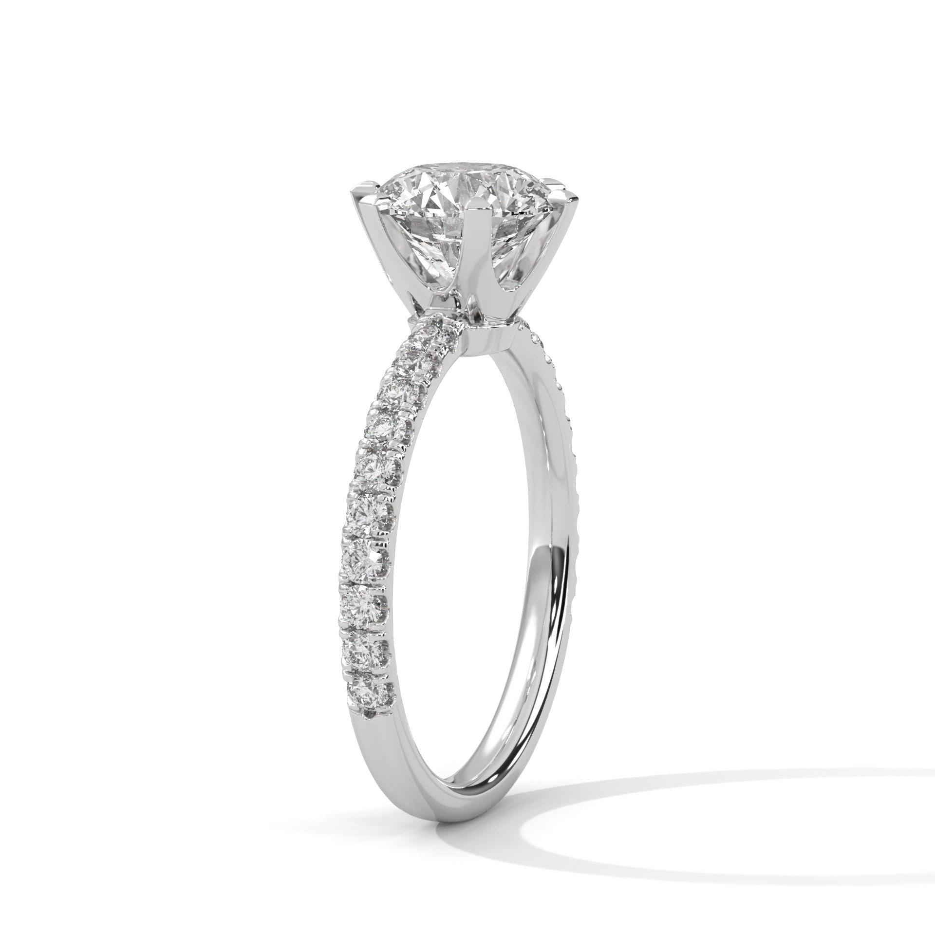 Architectural white gold 6-prong cathedral setting for round brilliant diamond