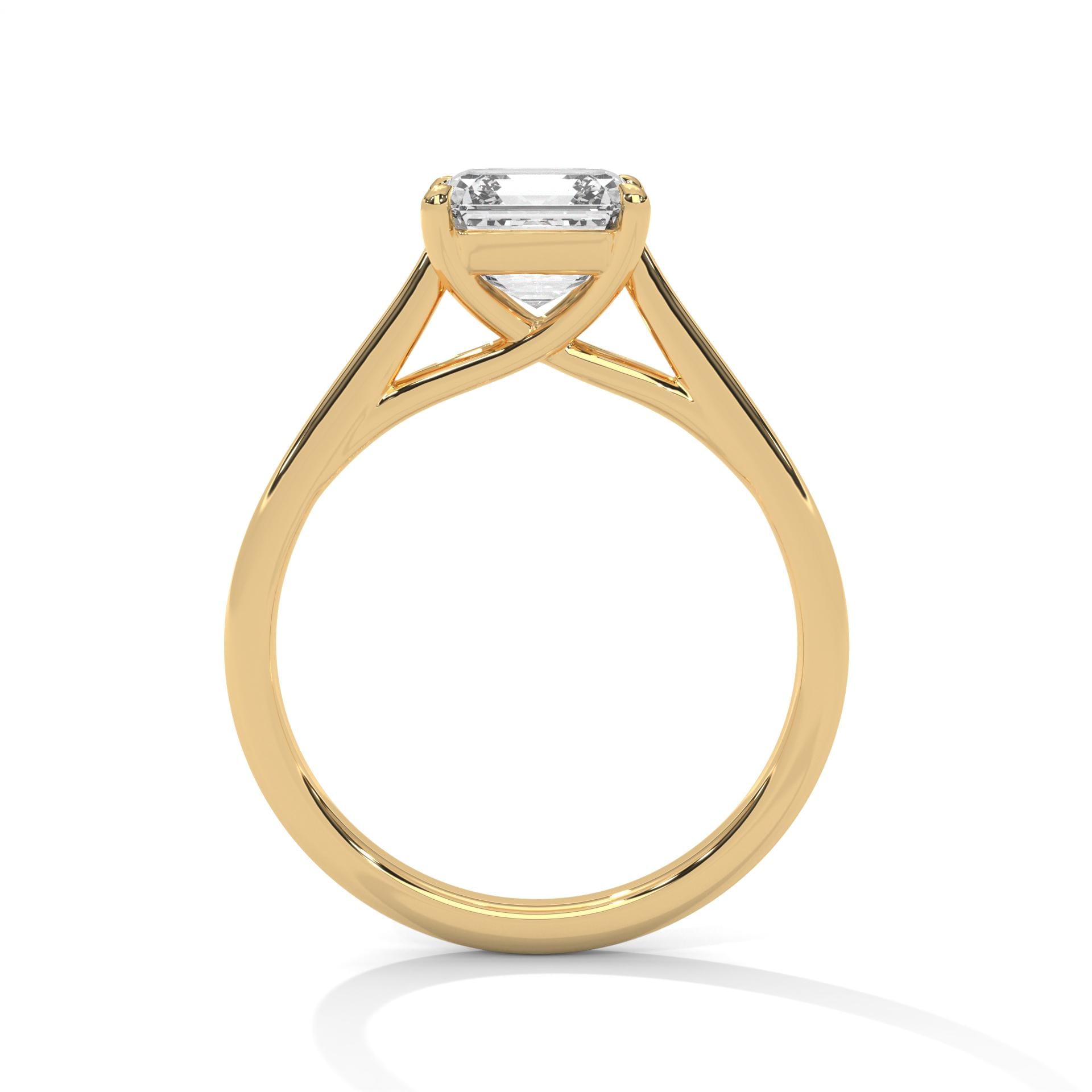 Asscher lab diamond engagement ring with high-polish yellow gold band