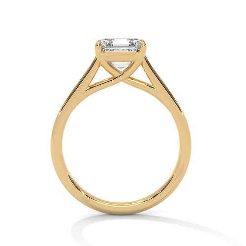 Asscher lab diamond engagement ring with high-polish yellow gold band
