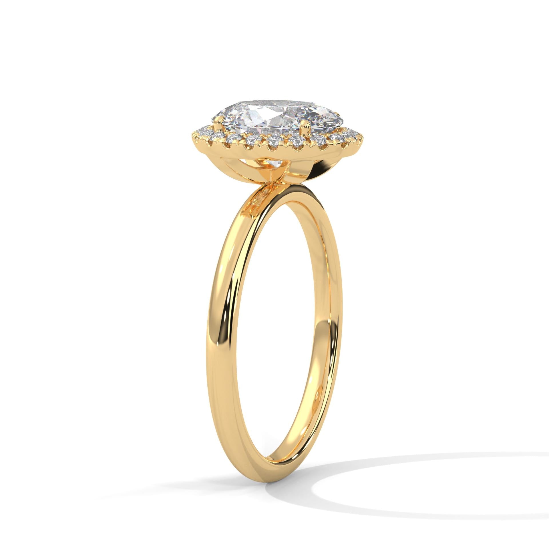 Architectural yellow gold halo setting for oval lab created diamond