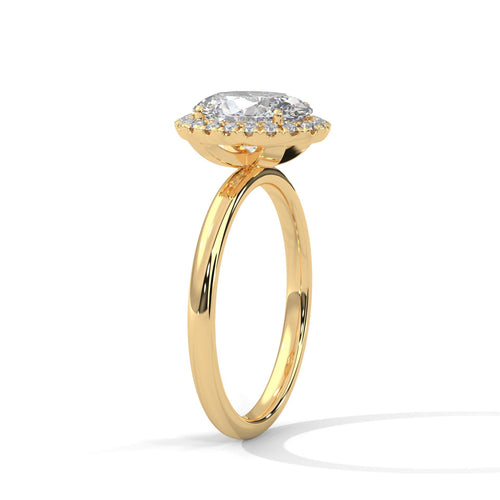 Architectural yellow gold halo setting for oval lab created diamond