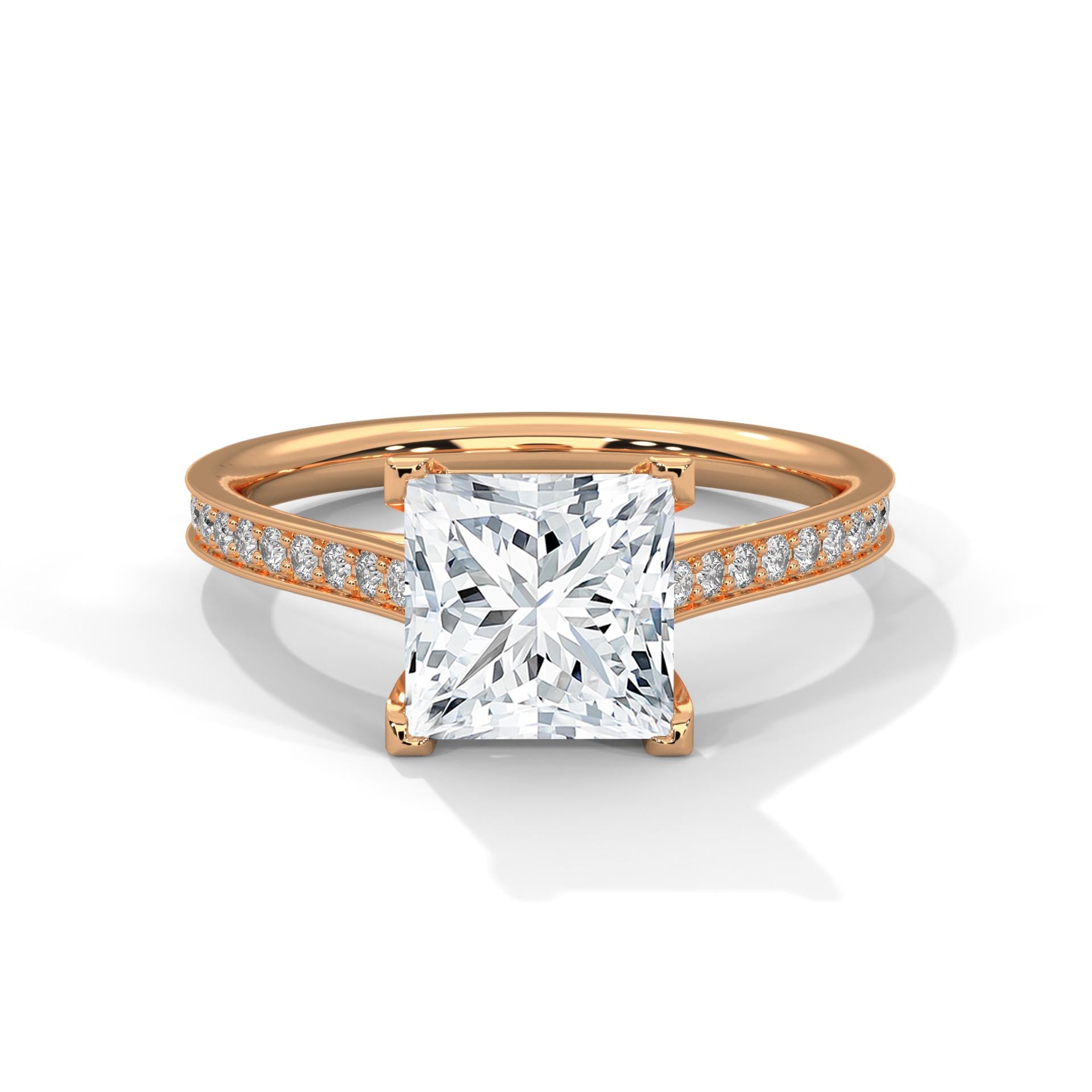 Rose gold princess cathedral ring with high-profile light performance