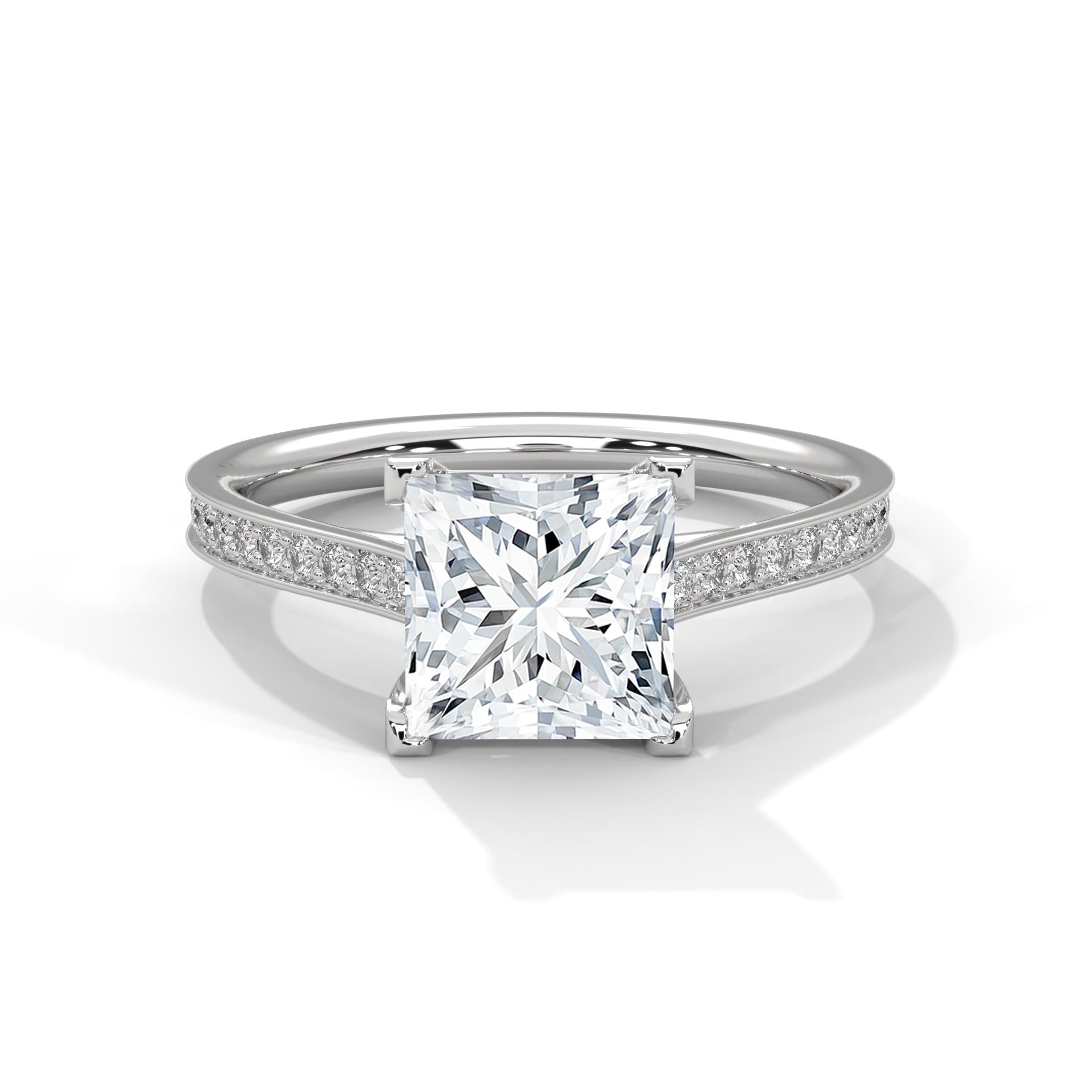 White gold princess engagement ring with shimmering pave diamond shank