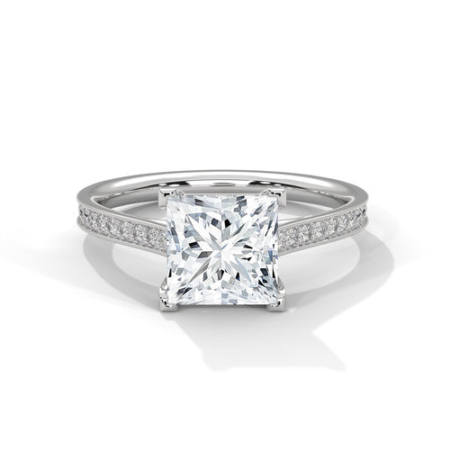 White gold princess engagement ring with shimmering pave diamond shank