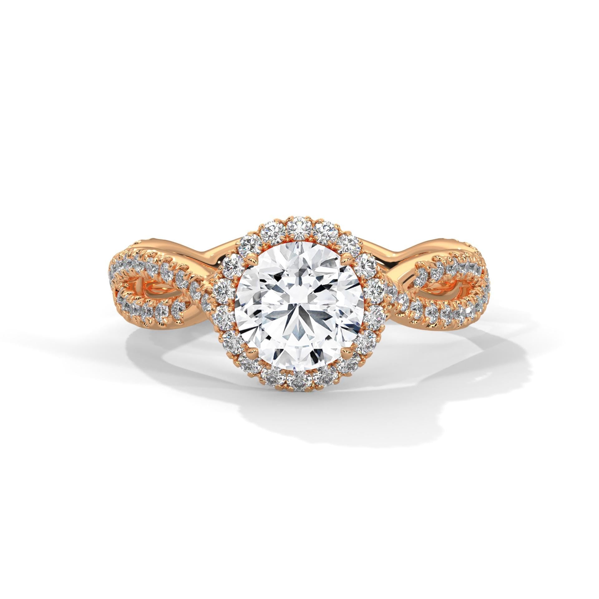 1 to 3 carat round lab diamond pave halo engagement ring in rose gold.