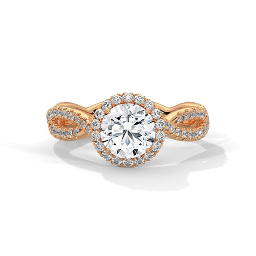 1 to 3 carat round lab diamond pave halo engagement ring in rose gold.