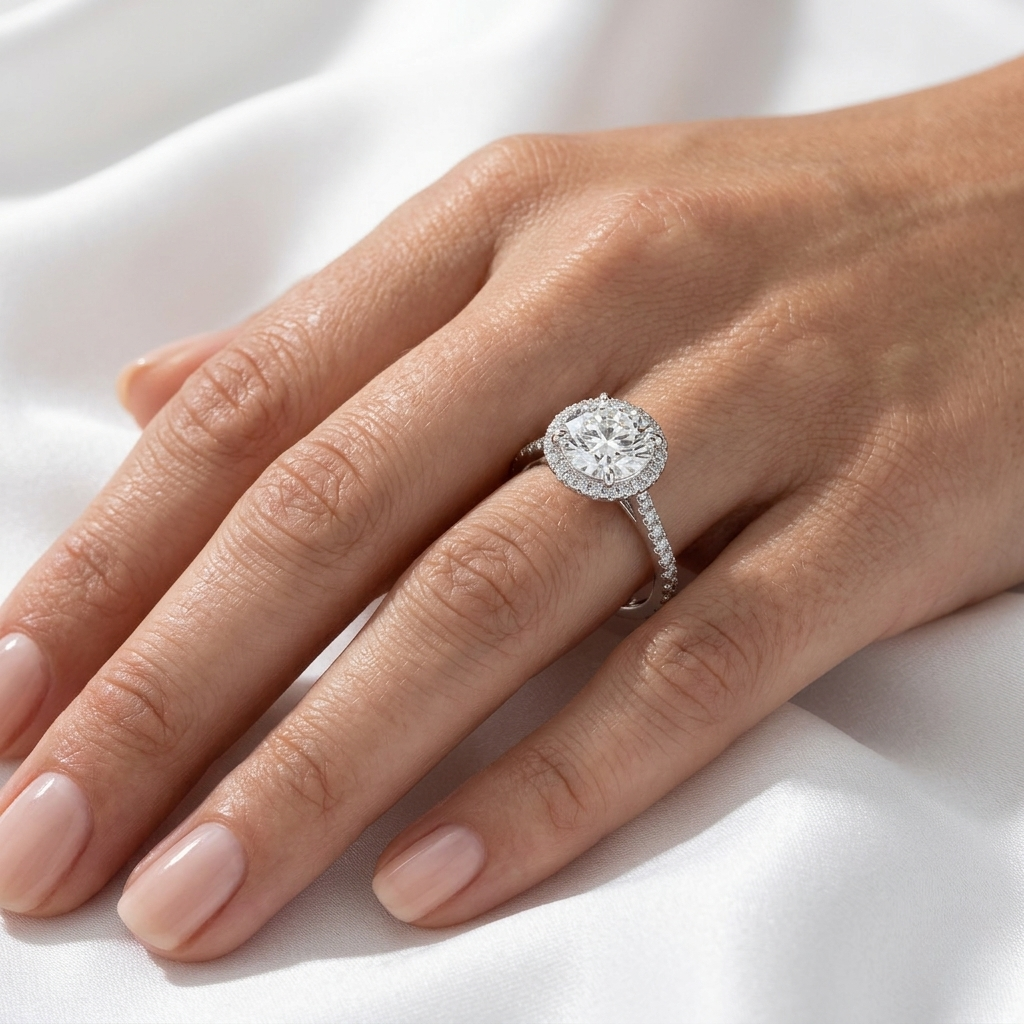 Close-up of a round brilliant diamond halo engagement ring with a pavé band worn on a finger.