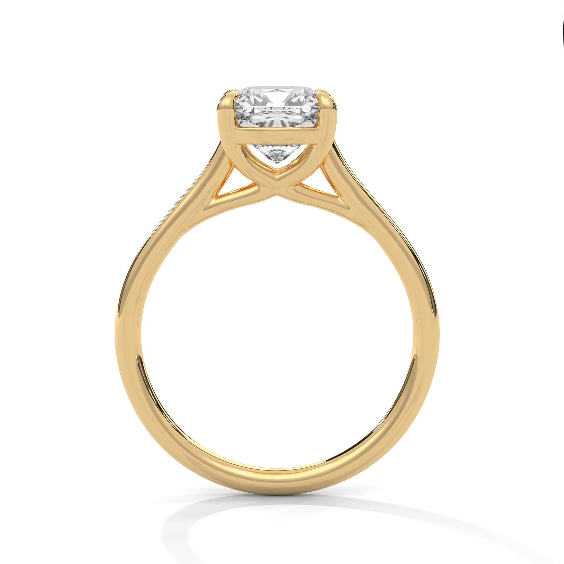 Profile of cushion cut cathedral engagement ring showing high setting