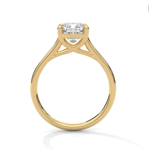 Profile of cushion cut cathedral engagement ring showing high setting