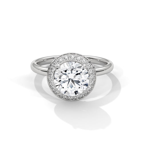Colorless round cut lab diamond halo ring in white gold