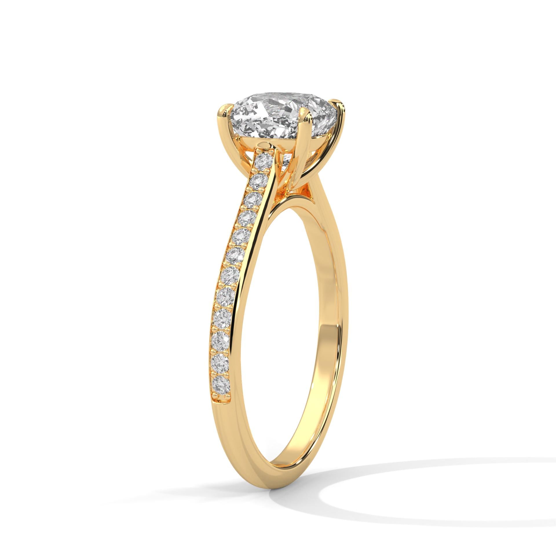 Underside view of yellow gold cathedral mount for cushion diamond