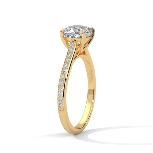 Underside view of yellow gold cathedral mount for cushion diamond