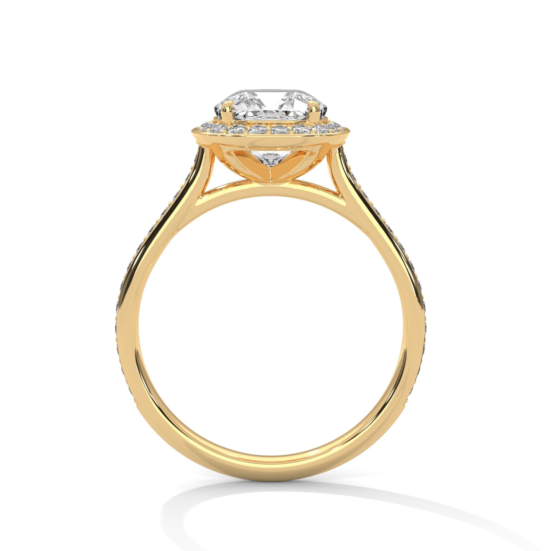 Yellow gold cushion halo bridal ring featuring a delicate pavé band