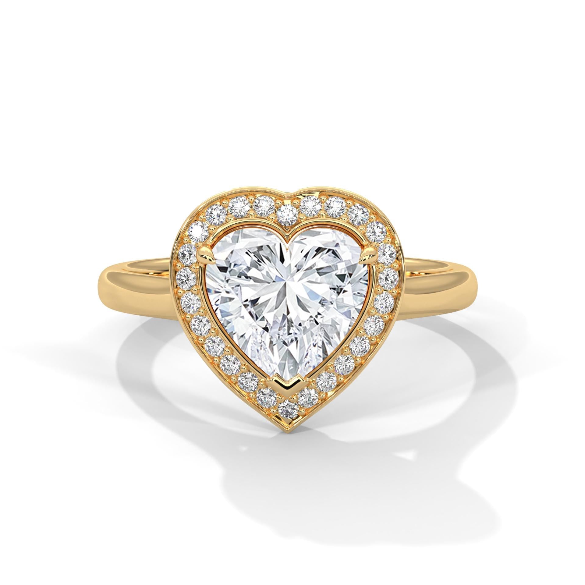 Colorless heart cut lab diamond pave halo ring in yellow gold