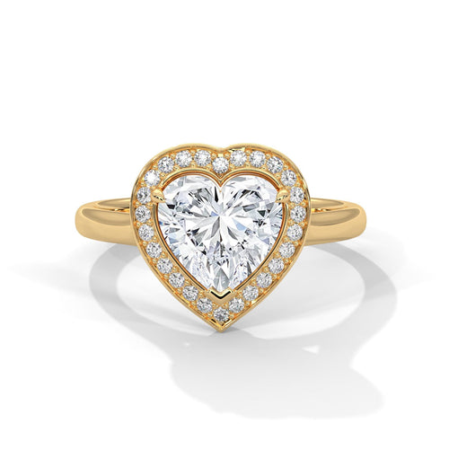 Colorless heart cut lab diamond pave halo ring in yellow gold
