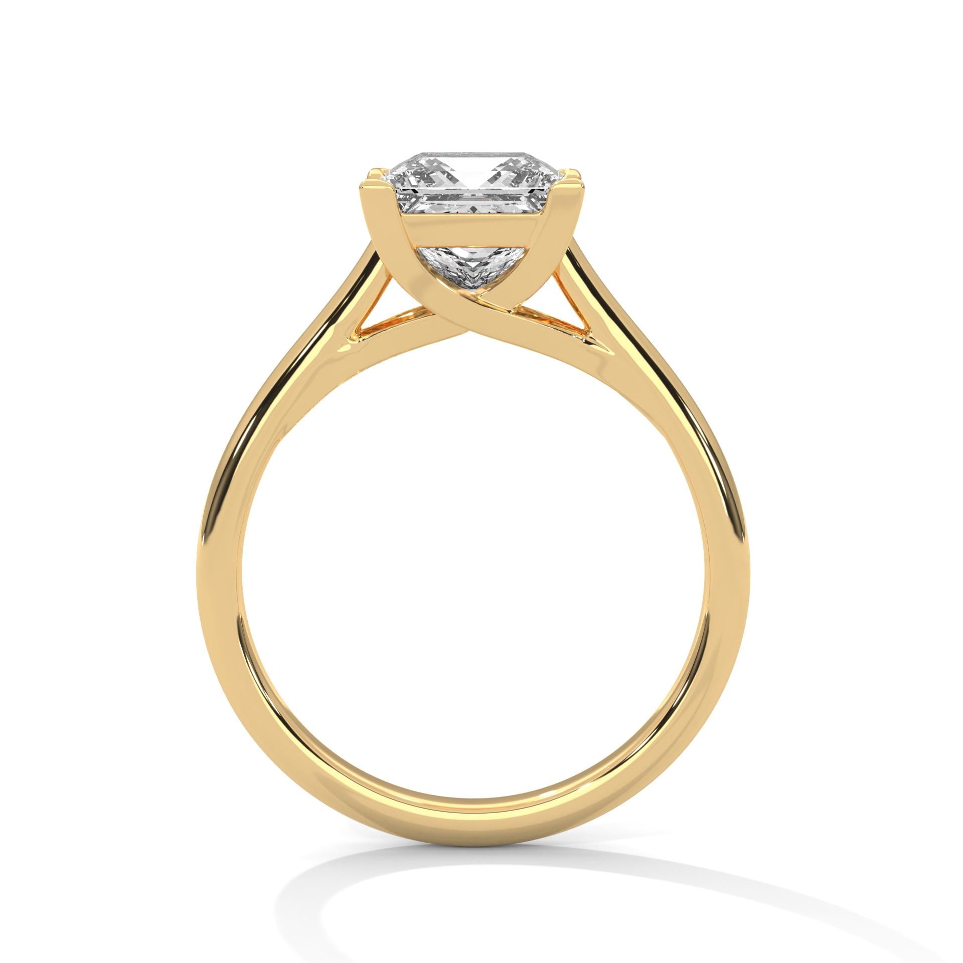 Yellow gold princess diamond engagement ring with high-polish cathedral band